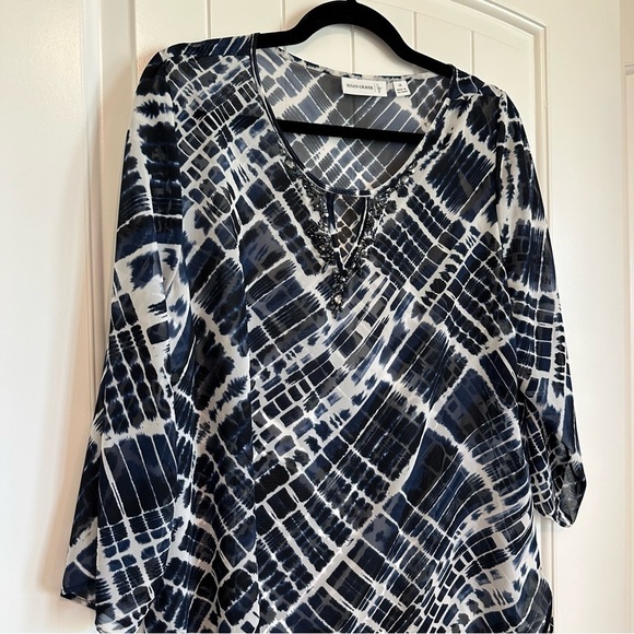 Susan Graver sheer navy and white tunic beaded neck three fourths sleeve size 14 - Picture 8 of 11